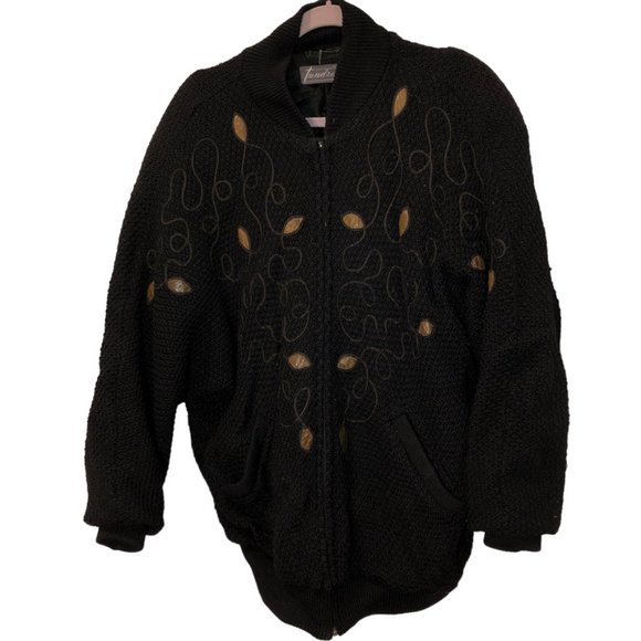 tundra VINTAGE 1980s INCREDIBLE heavy leather leaves applique Sweater Co… - Picture 1 of 4
